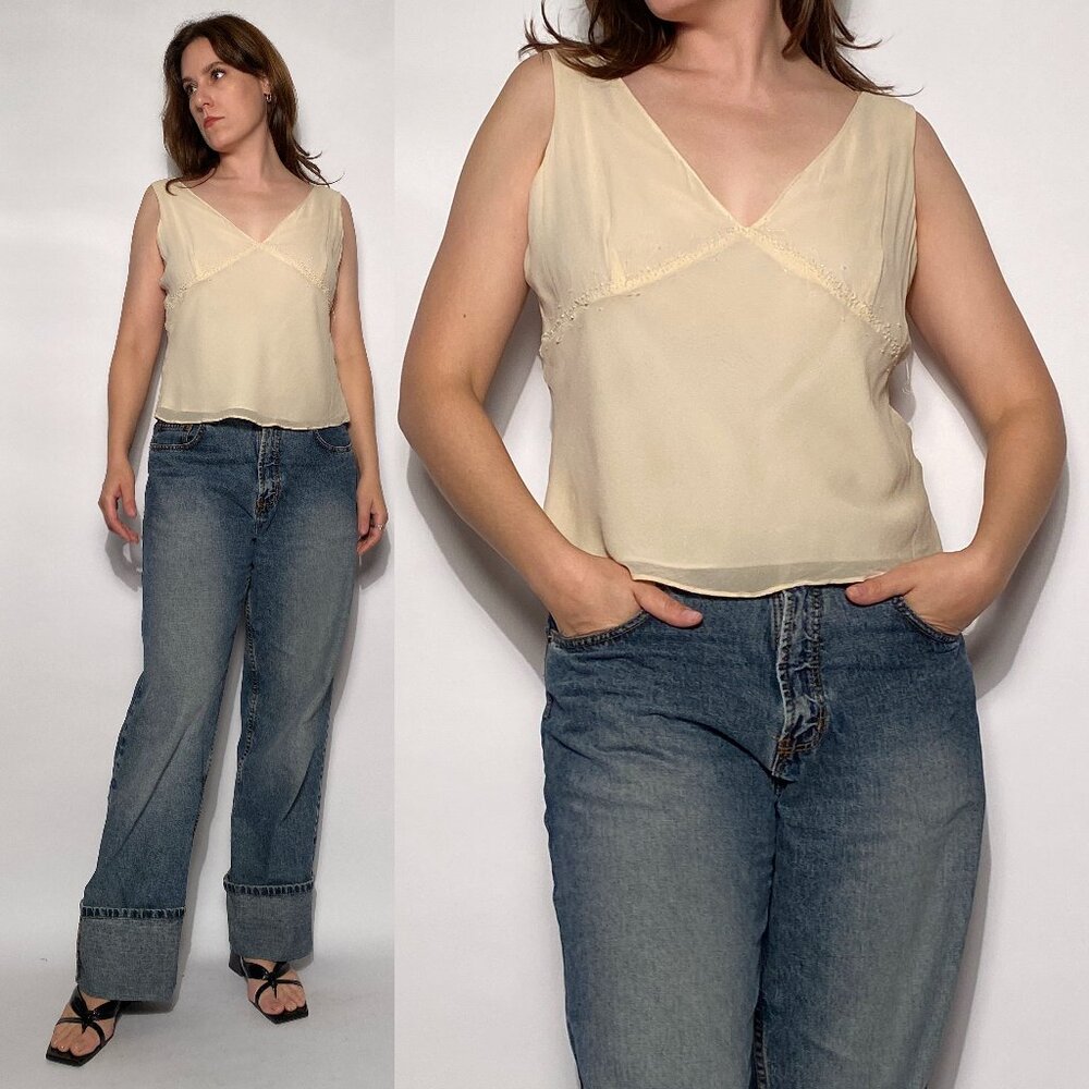 Vintage Y2K Real Silk BEADED Bias Cut Top -- Large